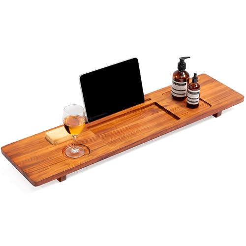 Realgulf Teak Bathtub Tray for Freestanding Tubs - 35 Heavy-Duty Luxury Bath Caddy Non-Slip Zero-Wobble Design Water-Resistant Spa Organizer with Wine Glass & Phone Holder