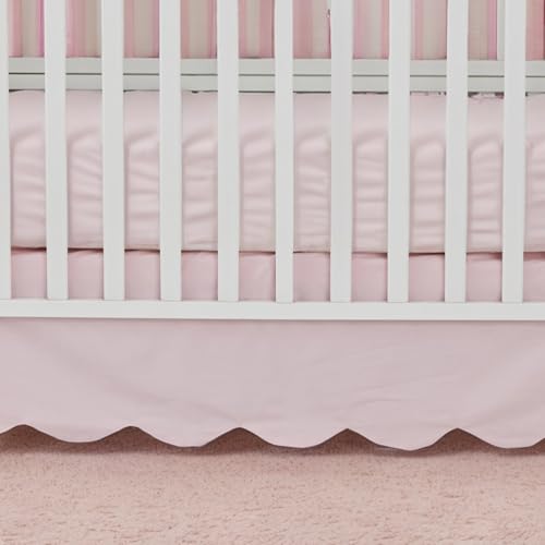 Image of Brandream Scallop Edge Cotton Crib Skirt, Baby Boy, Baby Girl, Gender Neutral Crib Skirt Toddler Bedskirt Farmhouse Chic Nursery Crib Bed Skirt, Boho Bohemian Solid Pink