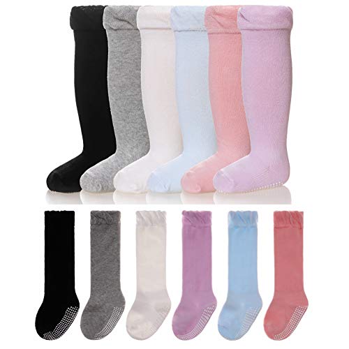 Baby Girls Boys Knee High Socks Uniform Anti Slip Stockings Newborn Infants Toddlers Cotton Long Socks (Solid Color, 1-3 Years)