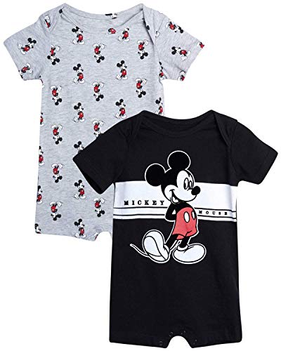 Disney Baby Boys' Mickey Mouse 2 Pack Short Sleeved Romper with Snap Closure (Newborn/Infant), Size 3-6 Months, Black/White/Grey Multi Mickey