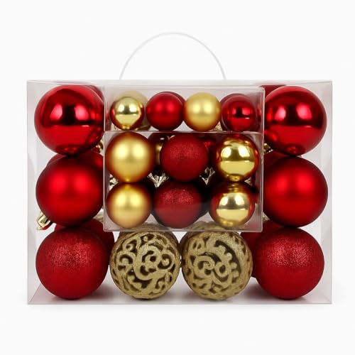 50pcs Christmas Baubles 6cm Shatterproof Christmas Tree Balls Ornaments Xmas Hanging Decorations for Holiday Tree & Home Décor (RED & GOLD-VARIETY PACK)