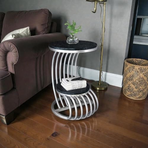 Image of End Table with Decorative Legs, in-Lay Top, Home Decor Accent Furniture -Tier Metal Coffee Table with Open Storage Shelf for Living Room (Silver Black)
