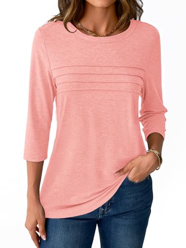 NORACORA 3/4 Sleeve Tops for Women Fall Fashion 2025 Dressy Casual Crewneck Blouses Tshirts Trendy Pleated Tunic Shirts for Leggings Dusty Pink S - image 4