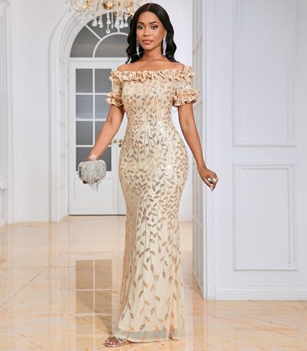 Image of dasmzper Women Sexy Sequin Off Shoulder Ruffle Short Sleeve Bodycon Mermaid Party Formal Evening Maxi Dress