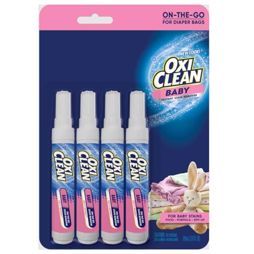 Image of OxiClean Baby On-The-Go Stain Remover Pen, Instant Baby Clothes Stain Cleaner for Food Formula Spit-Up, Gentle Travel Size Laundry Stain Stick, Fragrance Free, 4 Pack, 22 mL Each