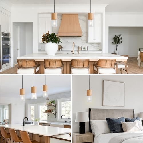 Image of 2-Pack Modern Pendant Lights for Kitchen Island, Adjustable Pendant Light Fixtures with Raw Wood Grain, Industrial Clear Glass Pendant Lights for Dining Table Hallway Bedroom Living Room