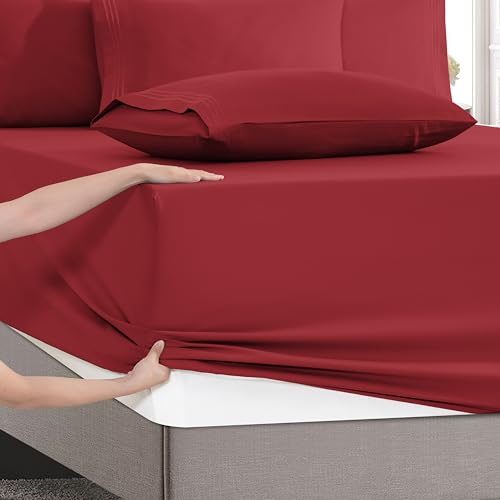Image of Mocassi Luxury 6-Piece Sheet Set, Ultra Soft 1800 Premium Hotel Quality Microfiber Sheet Set, Fits Mattresses Up to 18 to 24 Inches Extra Deep Pocket - Breathable and Secure Fit, Queen, Burgundy