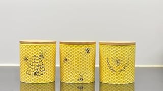 Deenz Set Of 3 Yellow Canister With Bee Print For Kitchen Counter Ceramic With Airtight Seal Wooden Lid Perfect For Coffee Tea Sugar Flour Salt