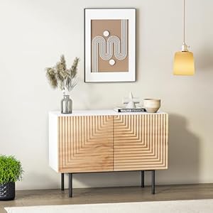 Roomfitters mid century buffet cabinet boho free standing accent cabinet with doors poplar wood print carved and geometric design media console for living room  urban country home decor