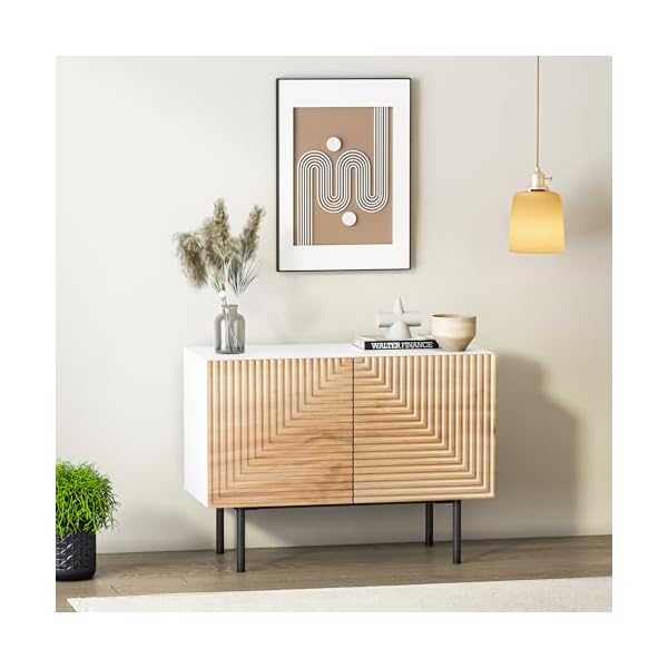 Roomfitters mid century buffet cabinet boho free standing accent cabinet with doors poplar wood print carved and geometric design media console for living room  urban country home decor