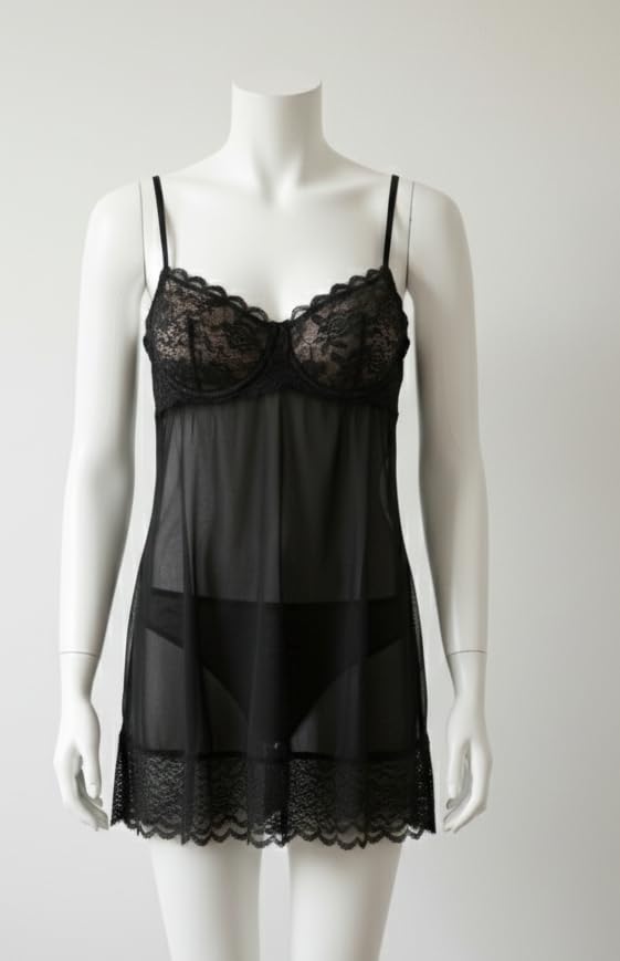 Image of Stylbase Babydoll Lingerie Night Dress Women Lace Slip & net Nighty Set - V-Neck Lycra Chemise Sleepwear Nightdress with Adjustable Straps & Matching Thong Panty, Bridal Honeymoon Nightwear (Upto L)
