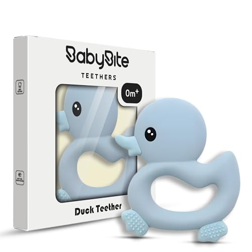 Image of [BabyBite] Baby Teething Toys Cute Duck Teether for Sensory and Developmental Play for Baby and Toddler 100% BPA Free Food Grade Silicone (Blue)