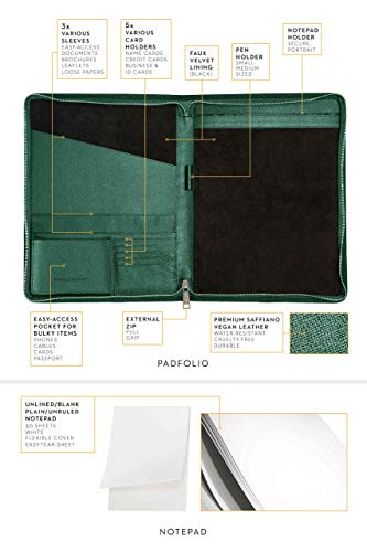 Carmel Concept Professional Padfolio In Vegan Pu Leather. A Slim Portfolio Folder With Zip, Includes A Bonus White Unruled Notepad (Green) #TOP1