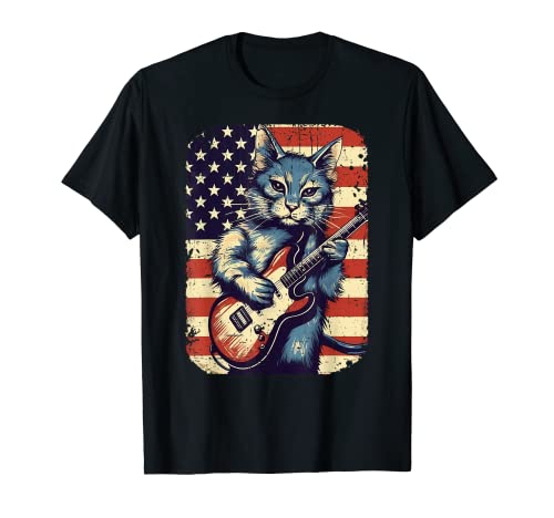 Mens Womens 4th July Outfit Rock Guitar Cat US Flag Maglietta