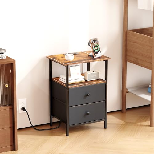 Image of Nightstand with Charging Station, Bedside End Table with 2 Fabric Drawers for Bedroom, Side Table with USB Ports and Outlets (Brown Black)