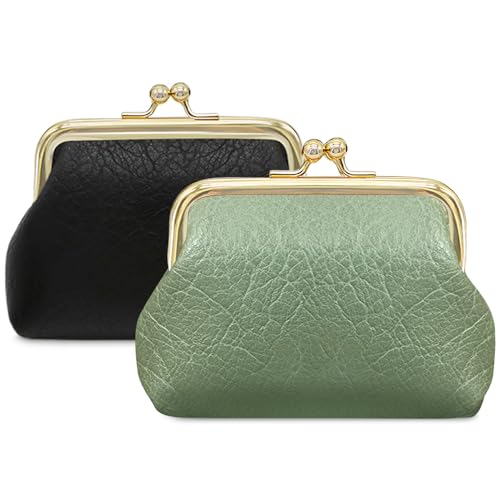 Image of 2pcs Coin Purse Small Size Pu Leather Elegant Change Pouch with Metal Kiss Lock Clasp Mini Cute Vintage Snap Closure Wallet Clutch Purse Bulk for Women Ladies Girls Men Childs Kids,
