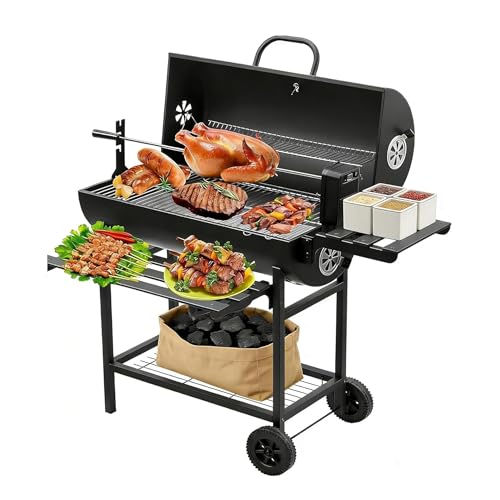 TEENO Parrilla para barbacoa de carbón, ahumador al aire libre con indicador de temperatura, rejillas de ventilación, estantes plegables, estante de calentamiento, ruedas móviles, tostador de pollo