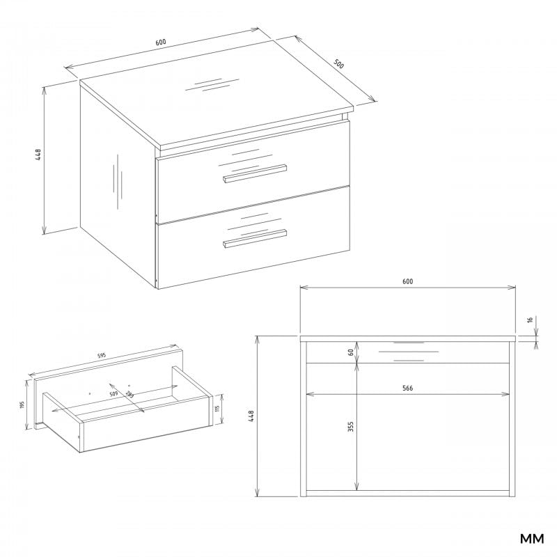 CDF Armario colgante debajo de la encimera, mueble de baño suspendido con 2 cajones para cosméticos accesorios de baño, frentes lisos con asas, moderno, blanco, 60 cm