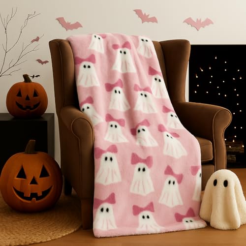 Cozy Fall & Halloween Throw Blanket 50x70 - Reversible Flannel Fleece - Soft Plush Autumn Harvest & Spooky Holiday Designs for Couch Bed Living Room (Mink Bow)