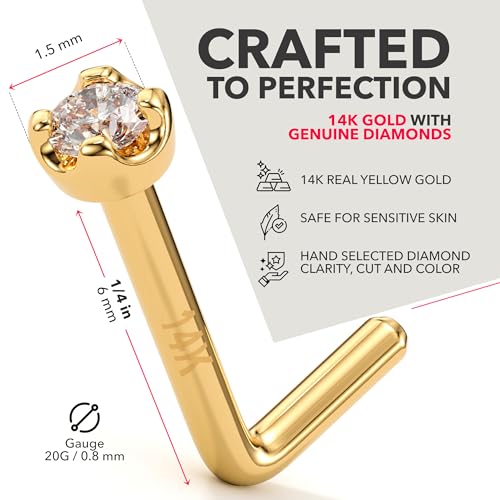 Body Candy 14K Solid Gold Nose Ring Studs - 1.5mm (0.015 cttw) Genuine Diamond L Shaped 20 Gauge 1/4" Real Gold Nose Ring Piercing Jewelry - 14 K Gold Nose Stud, Nose Piercings, Gold Nose Studs for Women, Men2