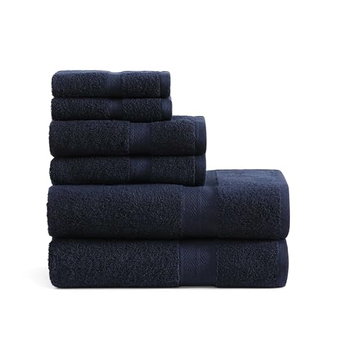 Tommy Hilfiger - Bath Towel Set Absorbent Cotton Terry with Zero Twist Medium Weight Oeko-Tex Certified (Modern American Dark Blue 6 Piece)
