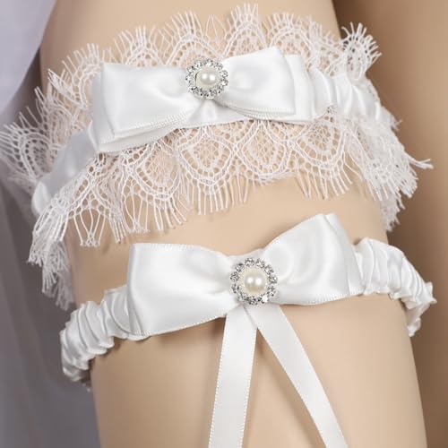 Image of Lace Wedding Garters for Bride with Pearl Party Prom Leg Garter Belt