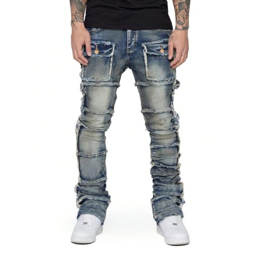 Mens Skinny Jeans Straight Leg Goth Grunge Punk Rock Streetwear Frayed Stacked Jeans