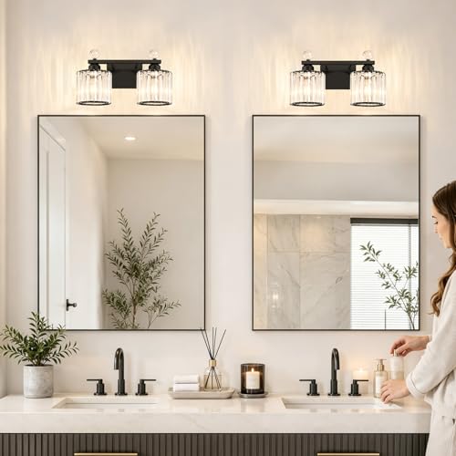 Image of Lxybcce Modern Crystal Bathroom Vanity Light, 14In 2-Lights Bathroom Light Fixtures, Black Vanity Light Fixtures Over Mirror, Easy Installation & Shadow-Free Illumination for Bathroom Mirror Decor