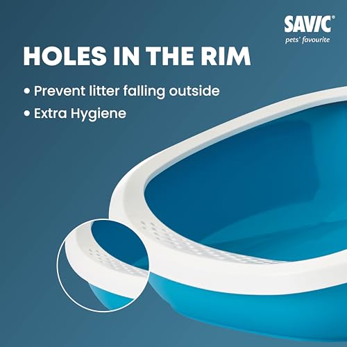 Image of Savic Gizmo Cat Litter Tray with Rim - 17 inch Lightweight, Durable Litter Box for Cats & Kittens Odor-Reducing, Easy to Clean, Ideal for Toilet Training - Twilight Blue | Medium litter tray with anti-scatter rim for clean and hygienic use.