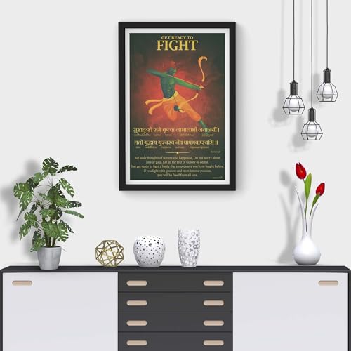 Image of Sanjeev Newar Get Ready to Fight Wall Art, Bhagwat Gita Quote, Geeta Wall Art, Sanskrit Art, Inspiring Sanskrit Quote Item (Multicolor, Frame size: 13 x 19 inches, Frame Color: Black)