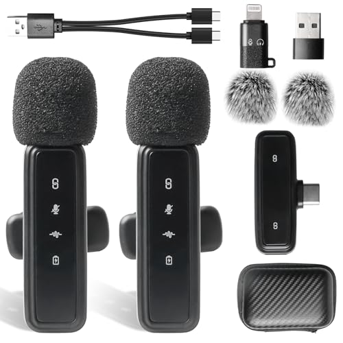 Microfono Lavalier senza fili con cancellazione del rumore, plug and play mini microfono a spina compatibile con iPhone, Android, tipo C & USB-C, per registrazione video, streaming live YouTube