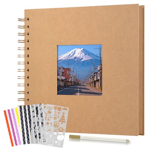 Boic Álbum de Fotos 21x21cm Scrapbook con Ventana, DIY Espiral Álbum de Recortes para Pegar y Escribir 40 Páginas, Regalos de Boda Aniversario Cumpleanos (Caqui)