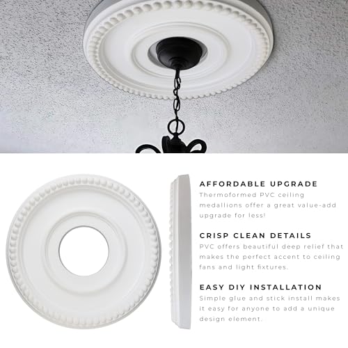 Image of 12 Inch OD x 4inch ID White Ceiling Medallion Plate - PU Plastic Decorative Cover for Fan, Light Fixtures, Chandelier Canopies - Traditional, Retro, and Minimalist Home Lighting Replacement