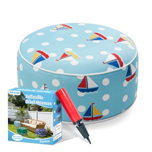 AURASUN Inflatable Outdoor Ottoman Pouf - Portable Footstool with Handle D20 x H10 - Air Pump Included for Outdoor Indoor Use - Comfortable Foot Rest or Seating for Camping or Pool (Light Blue)