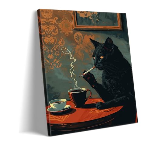 Décoration intérieure cuisine et salon avec poster vintage chat noir fumeur café