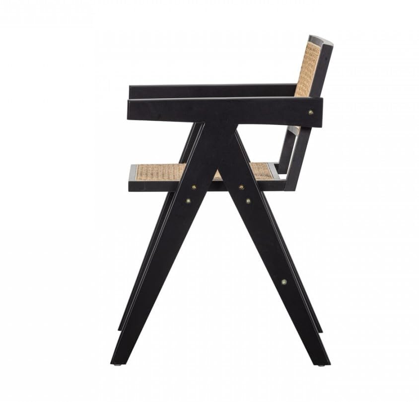 Image of Solid Teak Wooden Handcarved Rattan Arm Chair | Loung Chair with Arm Rest and Back Support | Dining Chair for Living Room, Hall and Office (Black Finish) | 50D x 50W x 90H CM