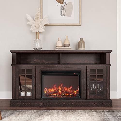 BELLEZE Traditional 58" Rustic TV Stand with 23" Electric Fireplace Heater with Sound, Media Entertainment Center Console Table for TV up to 65" with Open Storage Shelves and Cabinets - Espresso - Thumbnail 2