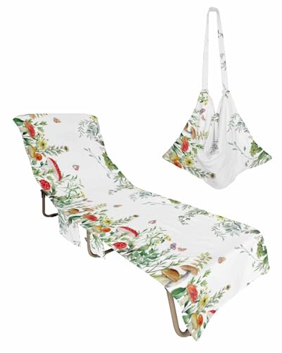 Eucalyptus Mushroom Beach Chair Towel Covers for Chaise Lounge With Side Pocket, Soft Plush Pool Towels Cover for Patio Sunbathing Outdoor 29''x85'' Botanical Flower Plant Farm