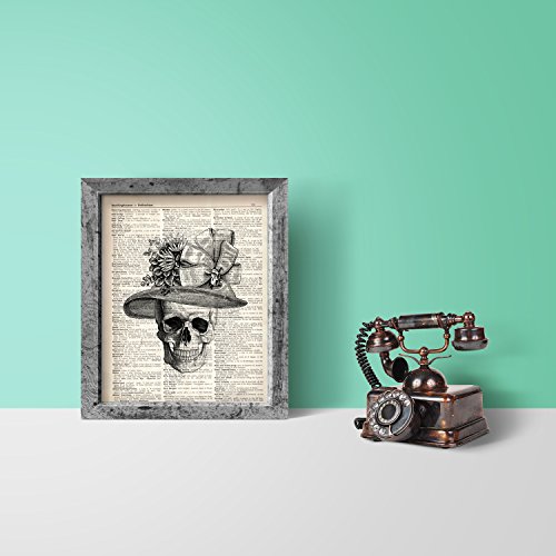 Akeke Skull Decor Vintage Dictionary Art Print Two Set - Skull Decorations Gentleman Lady Hat - Bone Art Wall Decor 8X10 Inch Unframed Skull Couples Gifts For Women Men #TOP2