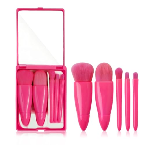 Image of Gleva Travel Size Mini Makeup Brushes Set with Mirror Small Complete Function Cosmetic 5 Pcs Brushes Kit Case Apply to Face Foundation Powder Concealers Eyebrow Eyeshadow (Rose Red)