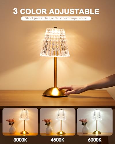 Cordless Touch Table Lamp, 3500mAh LED Rechargeable Small Dask Lamp, 3 Colors Dimmable Battery Operated Crysta Lamp for Bedroom Restaurant Kitchen Home Decor, Gold - Image 3