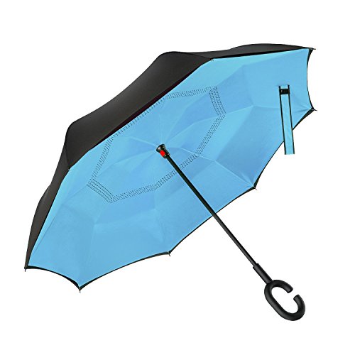 Ylovetoys Inverted Double Layer Windproof Reverse Umbrella for Car and Outdoor Use, Light Blue