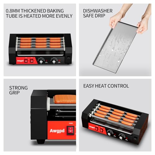 Hot Dog Roller 5 Rollers 12 Hot Dogs Capacity, 750W Stainless Commercial Sausage Grill Cooker Machine with Dual Temp Control,Removable Drip Tray for Party Home Commercial (5 Roller)