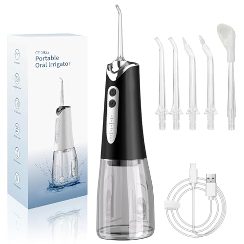 TOSZOLY Irrigador Bucal Portatil, 300ML Irrigador Dental Eléctrico 5 Modos 5 Boquillas, IPX7 Impermeable USB Recargable, Water Flosser para el Hogar y los Viajes