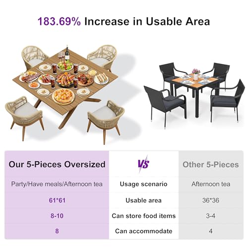 Image of PURPLE LEAF 5 Pieces Oversized Square Patio Dining Set with Outdoor Aluminium Dining Table and Woven Chairs Modern Metal Furniture Cushions Sets for Garden Yard Indoor Decor Kitchen Teak