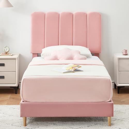 GarveeHome Twin Bed Frame, Velvet Upholstered Platform Bed with Wave Headboard for Girls/Kids, Easy Assembly, Wooden Slats Support, No Box Spring Needed, Pink
