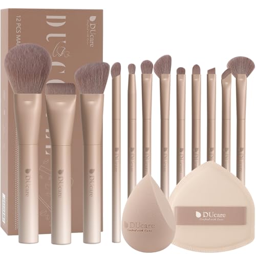 DUcare Pinceaux Maquillages 12PCS Set de pinceau Maquillage Professionnel avec Éponge de Maquillage Houppette Pinceau Fond de Teint, Blush et Anticernes pour Liquides Crèmes et Poudres Cadeau de Noël