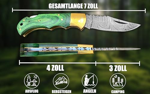 Novahaven Damaststahl Taschenmesser – Klappmesser für EDC, Jagd, Camping & Survival mit Holz-, Knochen- oder Harzgriff – Outdoor Geschenk-Messer (Mehrere Farben) (Grünholz)