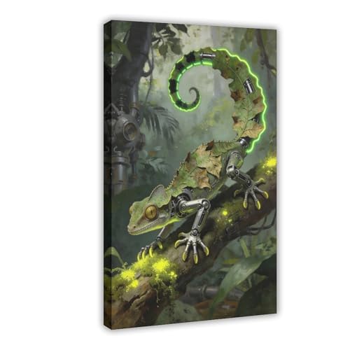 Cyber Chameleon Wall Art Print, Jungle Lizard Robot Illustration with Neon Tail, Bioluminescent Fantasy Nature Poster Decor 16x24inch(40x60cm)