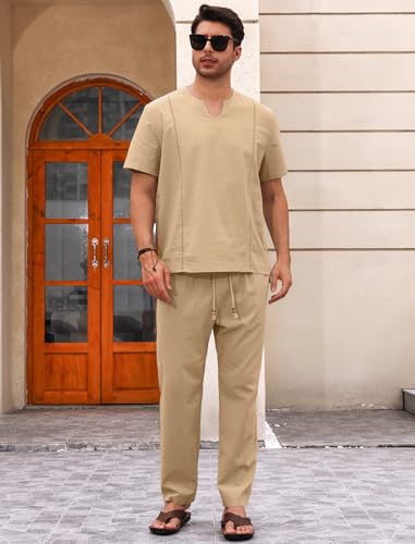 Men's 2 Piece Set Short Sleeve Casual Henley Shirts Straight Leg Pants Lounge Vacation Outfits Summer Beach4